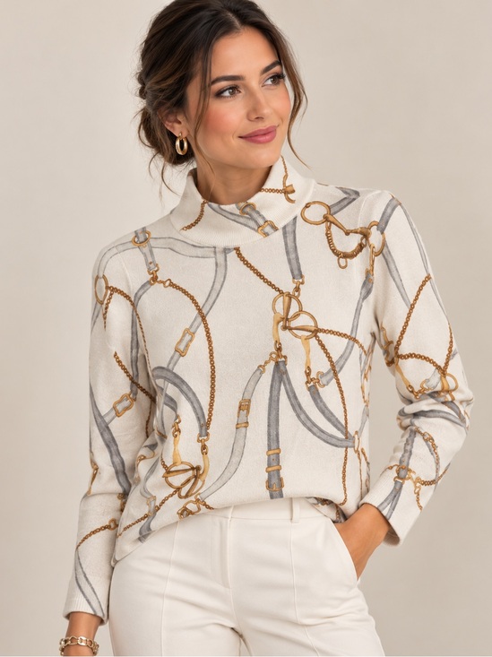 Chico's Sweaters - Chico’s Metallic Knit Equestrian Print Sweater Size 0 Cream Gold Gray